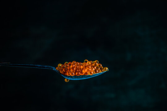Close-up of a spoonful of red trout caviar