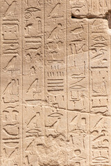 Ancient Egyptian murals and hieroglyphs on the stone walls of the Karnak Temple in Luxor, Egypt