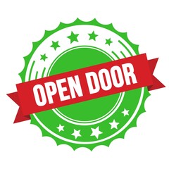 OPEN DOOR text on red green ribbon stamp.