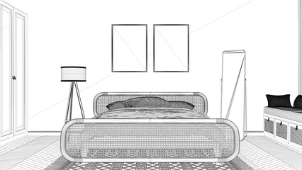 Blueprint project draft, frame mockup, modern wooden bedroom with rattan furniture, double bed with duvet and pillows, carpet, mirror, lamp and decors. Parquet, interior design idea