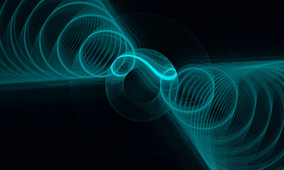 Glowing turquoise 3d swirl of spiral in deep dark space as representation of sound vibration, noise wave or radiance. Cyber graphic design concept. Great as cover print for electronics, artwork. - 496275453