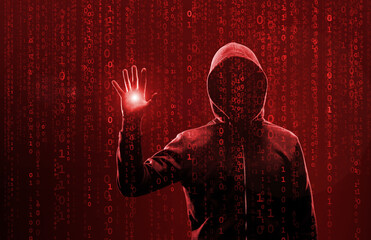 Wanted Hacker is Coding Virus Ransomware Using Abstract Binary Code. Cyberattack, System Breaking and Malware Concept.