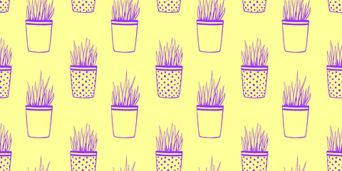 Vector seamless pattern of flower pots with decorative grass, plant. Cute texture in cartoon doodle style, isolated. Home decoration theme