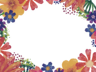 Greeting card with watercolor flowers. Abstract floral frame. Botanical hand drawn border.