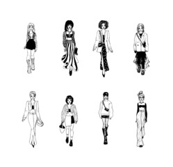 Collection of stylish young women dressed in trendy clothes. Vector fashion black and white illustration.