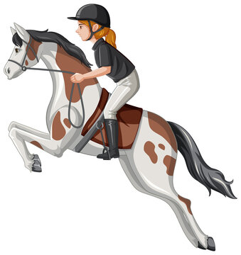 A woman riding horse on white background
