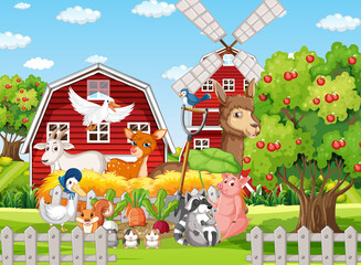 Farm scene with animals by the barn