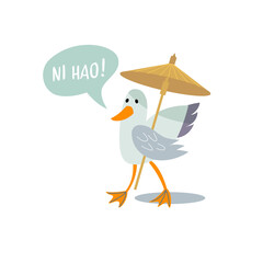 Cute seagull with an umbrella. Bubble inscription - "hello" - in Chinese.