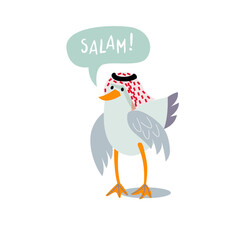 Cute seagull in a red scarf, keffiyeh. Bubble inscription - "hello" - in Arabic.
