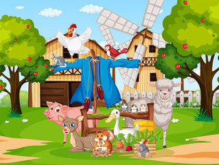 Farm scene with many animals by the barn
