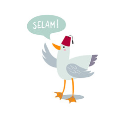 Cute seagull with a fez hat. Bubble inscription - "hello" - in Turkish.