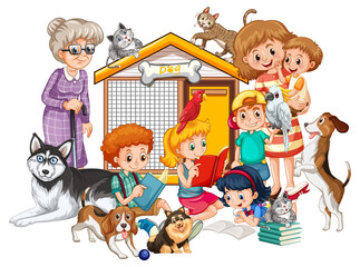 Obraz na płótnie Canvas Family with their dogs in cartoon style