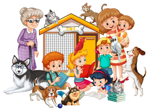 Family with their dogs in cartoon style