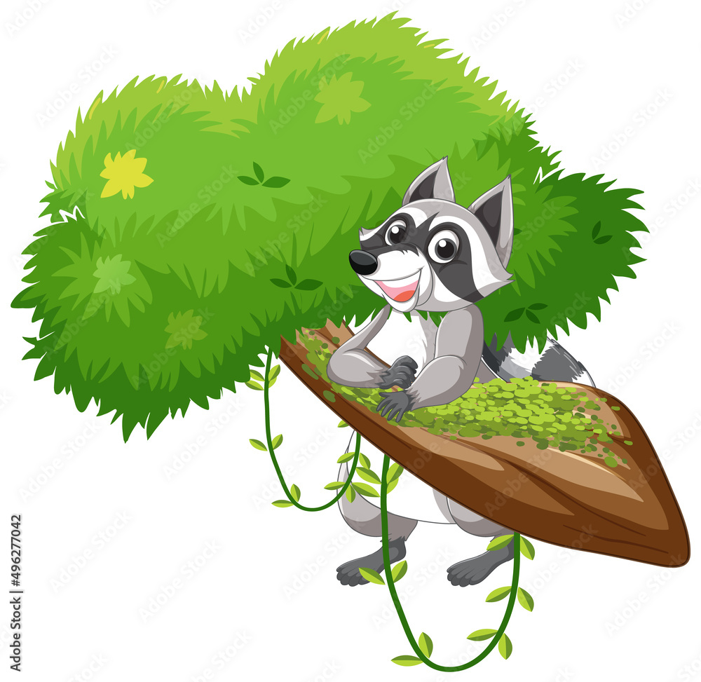 Wall mural cute raccoon hanging on tree branch