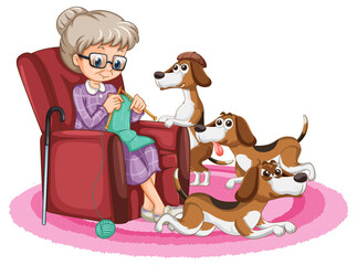 Granny knitting and beagle dogs