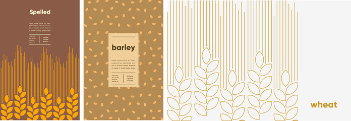 Barley, wheat, spelt. Food and natural products. Set of vector illustrations. Geometric, simple, linear style. Label, cover, price tag, background.