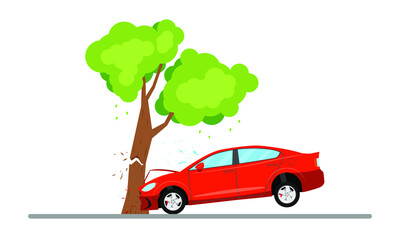 Drunk driver fell asleep and lost control the car crashed into a tree. Vector illustration.