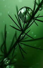 Fototapeta na wymiar Water drops on a plant in dark green in macro.