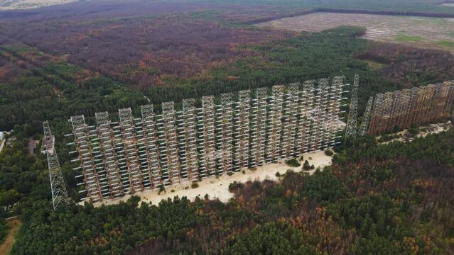 Aerial view of Former remains of Duga radar system in abandoned military base in Chernobyl Exclusion Zone, Ukraine