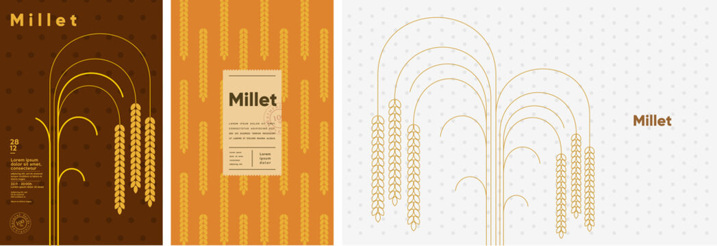 Millet. Food and natural products. Set of vector illustrations. Geometric, simple, linear style. Label, cover, price tag, background.