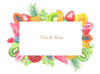 Square frame of various fruits and berries isolated on white background