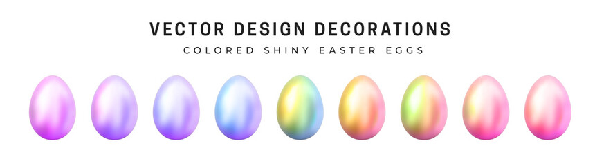 Realistic Vector Easter Eggs. Set of colorful Easter eggs with a metallic glossy sheen. Isolated on white background. Interesting light reflections