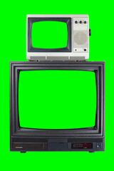 Two the old TV on the isolated. Old green screen TV for adding new images to the screen. 
