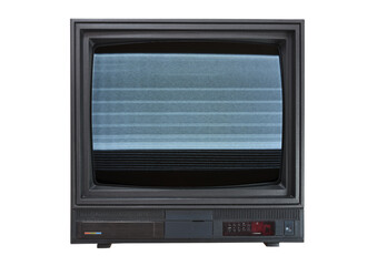 Old black tv with clutter on the screen on a white background. 