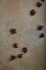Anise stars on a textured background on light rust textured background. Copy space.