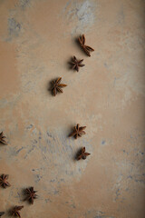 Anise stars on a textured background on light rust textured background. Copy space.