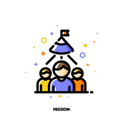 Icon of three persons and flag on mountain peak for business mission or achievement concepts. Flat filled outline style. Pixel perfect 64x64. Editable stroke