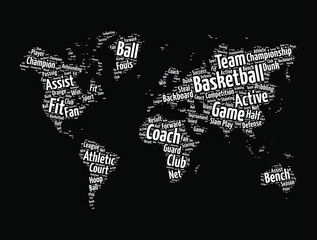 Fototapeta na wymiar Basketball word cloud in shape of world map, sport concept background
