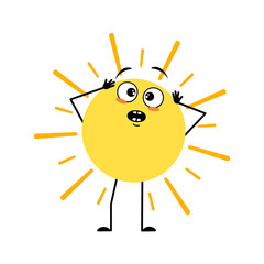 Cute sun character with emotions in panic grabs his head, surprised face, shocked eyes, arms and legs. Person with scared expression and pose. Vector flat illustration