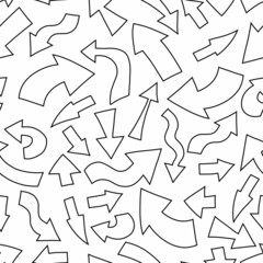 Doodle arrows seamless pattern. Hand drawn wide arrow. Sketch different directions. Stock vector black and white illustration isolated on white background.