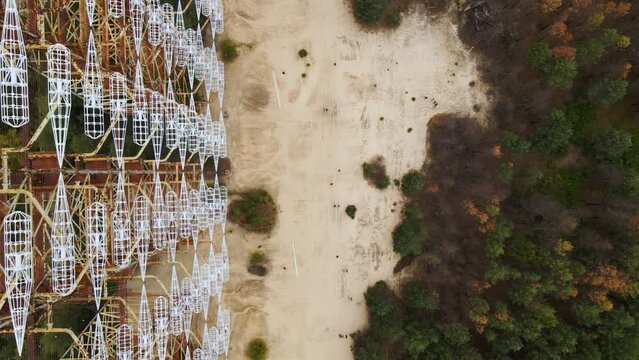 Aerial view of Former remains of Duga radar system in abandoned military base in Chernobyl Exclusion Zone, Ukraine