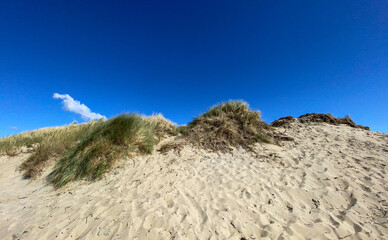 Beautiful landscape with a sand dune and a lonely cloud on the blue sky. High quality photo