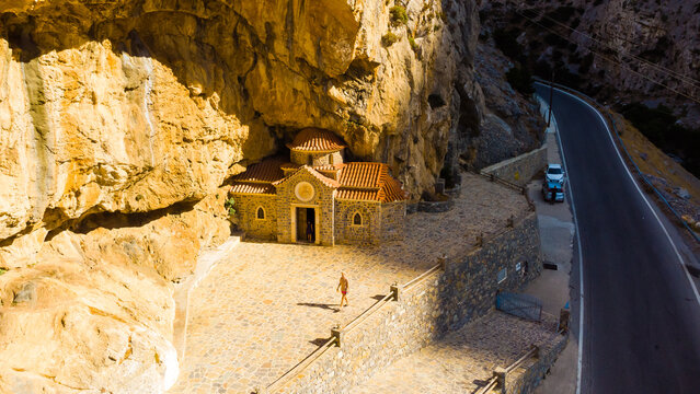 Picturesque belfry of the old orthodox church of Saint Nicholas the Wonderworker, built in the rock.Crete island. Greece.Europe.