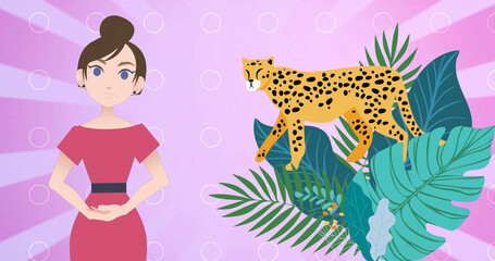 Image of woman talking over plant and cheetah icons