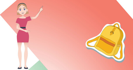 Image of woman talking over school bag icon