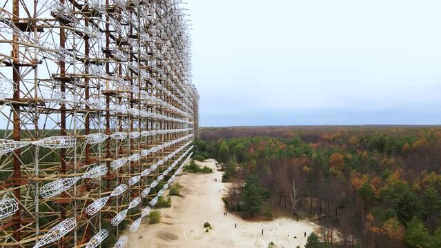 Aerial view of Former remains of Duga radar system in abandoned military base in Chernobyl Exclusion Zone, Ukraine