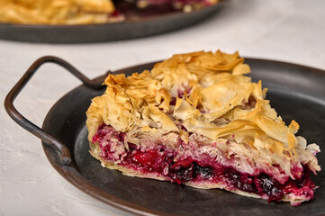 Piece of homemade cherry tart from filo dough with view of the filling on metal tray. Selective focus, close up