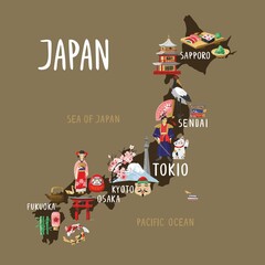Decorative map of Japan with symbols, sights, names of cities, isolated on beige. The silhouette of an eastern country with buildings and sights against the background of the seas. Vector illustration
