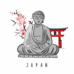 Decorative grey stone statue of a religious god isolated on white. Tourist postcard with Buddha sculpture, blossom sakura, red gate. Symbol of the Buddhist religion. Cartoon line vector illustration