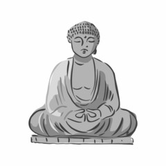 Decorative grey stone statue of a religious god isolated on white. A Buddha sculpture drawn in the style of a sketch. A symbol of the Buddhist religion. Cartoon line vector illustration