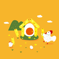 chicken build an egg roll house in a farm