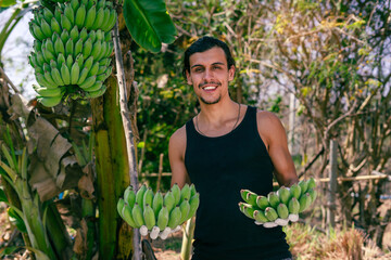 A young hipster farmer looks admiringly and holding bananas at an organic farm with a smile and happiness cause ready for harvest. Labor, hard work, hope, and a sustainable living of concept ideas © tai