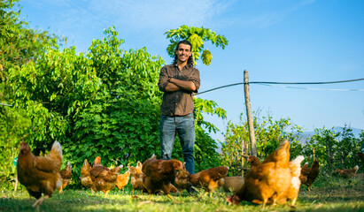 Portrait of a cheerful farmer taking care flock of chicken outdoor. A smart farmer young man...
