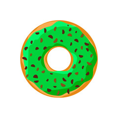 Sweet colorful tasty donut isolated on white background. Green glazed and chocolate chips sprinkle doughnut top view for cake cafe decoration or menu design. Delicious bakery vector eps illustration