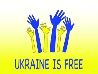 Fototapeta premium illustration of blue and yellow hands near Ukraine in free lettering 