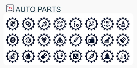 A set of vector icons and logos with car parts, batteries, transmissions, electrical equipment, engines and other special equipment. Car service. Auto parts store. Flat design.